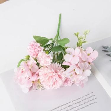 Imagem de Flores artificiais, cravo, hortênsia, crisântemo bulboso, buquê de seda para casamento, casa, jardim, área externa (4 peças/rosa)