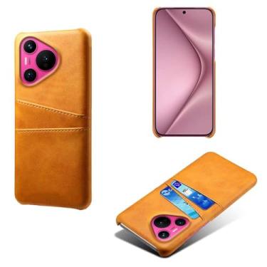 Imagem de Capas Compatível com Huawei Pura 70,Caso de couro PU-Tampa de telefone a prova de choque com 2 slots de cartão,Proteção anti-impressão digital e anti-gota-Yellow