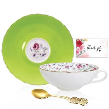 Imagem de Conjunto de xícaras de chá e pires, porcelana óssea, 170 g, xícara de café de porcelana, xícara de cappuccino, padrão floral vintage, com acabamento dourado, cerâmica antiga, para bebida expresso