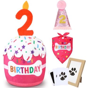 Imagem de Cutecrop Conjunto de presentes de aniversário de 2 anos, decoração de aniversário de cachorro menino menina, bandana de chapéu rosa, brinquedo de bolo estridente, kit de impressão de pata para animais