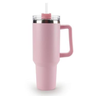 Imagem de OCEANPAX Copo de 1,134 g com alça à prova de derramamento, caneca de café de viagem, copos de aço inoxidável reutilizáveis, adequados para porta-copos de carro sem canudo (rosa claro)