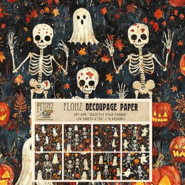 Imagem de Pacote de papel Decoupage (24 folhas 15 x 15 cm) Desfile Folclórico Fantasmagórico ~ Fantasmas e esqueletos s de Halloween em estilo digital divertido com fundos laranja-preto e layout plano