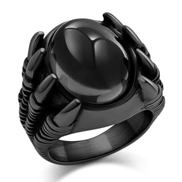 Imagem de Hoyazvet Anel masculino de aço inoxidável com garra de dragão - estilo motociclista gótico com acabamento em ouro preto/18K, pedra preciosa vermelha/preta, joia punk com sinete de pedra de cristal