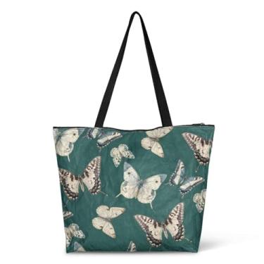 Imagem de Jolamirel Bolsa de papel sacola de ombro bandeira dos EUA com zíperes, bolso jeans, cachorrinho, grande, compras, praia, bolsa com alça para livro, Borboleta, One Size