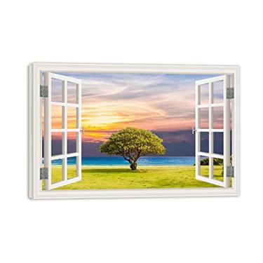 Imagem de Arte de parede vista de janela 3D - grande árvore pelo mar - impressão de pintura de natureza em tela - imagem de paisagem pronta para pendurar - pôster de decoração de parede de sala de estar 50 x 75