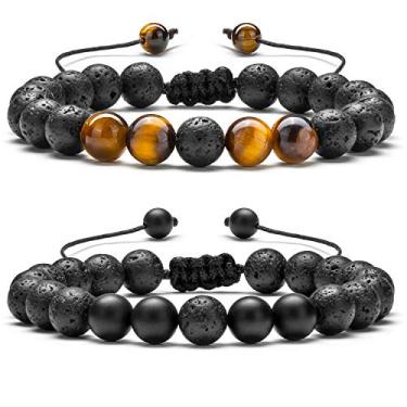Imagem de Hamoery Pulseira difusora de óleo essencial para aromaterapia pedra vulcânica de 8 mm para homens e mulheres, corda trançada, pedra natural, presentes de ioga, pulseira-21017, 8.5 inches, Pedra