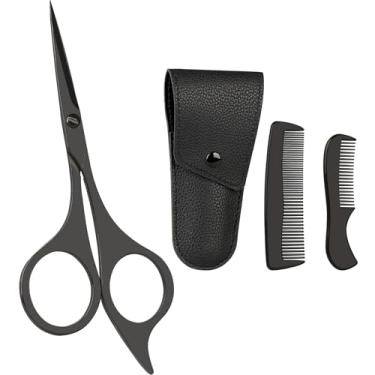 Imagem de Tesoura masculina premium de 12,7 cm para barba e bigode com pente para bigode, pente para barba e bolsa de transporte – Kit de cuidados para todos os pelos faciais