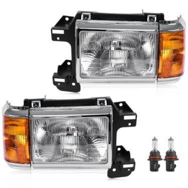 Imagem de Conjunto de farol compatível com Ford Bronco F150 F250 F350 F450 caminhão 1987-1991 lâmpada de cabeça tipo halogêneo, substituição de farol estilo OE para E9TZ13008C E9TZ13008D, par de acabamento