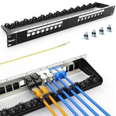 Imagem de PBAEGAV Patch Panel 16 portas blindado Keystone Patch Panel 48 cm com barra de gerenciamento de cabos com 16 peças Cat6A Keystone Jack (em branco)