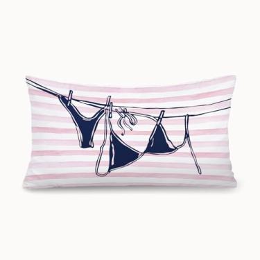 Imagem de XYDEG Capa de almofada rosa para decoração de quarto feminino de praia 30,5 x 50,8 cm, biquíni rosa e preto, listras decorativas para quarto de meninas, dormitório universitário, sofá