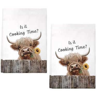 Imagem de Conjunto de 2 toalhas de cozinha de vaca Highland, presentes de decoração de cozinha de vaca ocidental, casa de fazenda, rústica, engraçada, gado marrom, decorativo, absorvente, macio, panos de prato