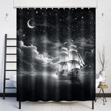 Imagem de Lokigo Cortina de chuveiro náutica extra longa para veleiro 183 cm L x 213 cm C, cortinas de chuveiro altas oceânico, navio pirata para decoração de banheiro, cortina de chuveiro de poliéster