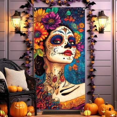 Imagem de Buxiuer Day of The Dead Door Cover Día De Los Muertos Decoração Festa Mexicana Festa de Açúcar Caveira Escritório Decoração Porta da Frente