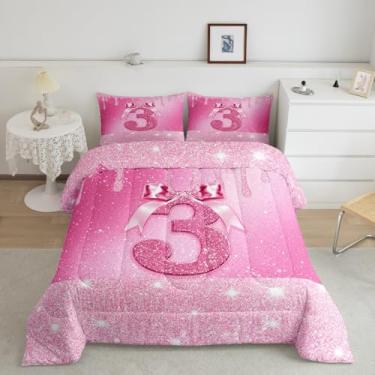 Imagem de jejeloiu Conjunto de edredom com laço rosa com glitter, para todas as estações, primeiro aniversário, rosa, número 3, com 1 fronha, decoração de quarto solteiro de um ano, edredom personalizado número