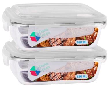 Imagem de Jogo 2 Potes Marmitas Fitness 640ml Vidro Retangular Tampa Hermetico