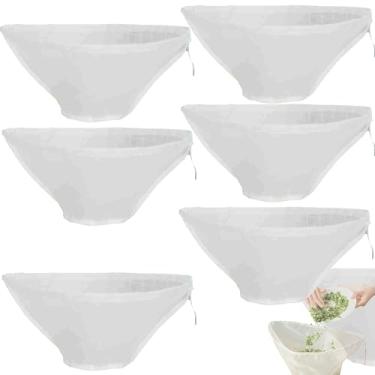 Imagem de 6 sacos de gaze de nylon em forma de tigela traseira, saco reutilizável de pano de queijo com cordão para coar, saco de filtro de malha fina para leite de amêndoa, leite de soja, recheios de bolinhos