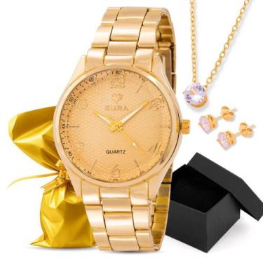Imagem de Kit Relógio Eura Metal Dourado Colar e Brinco Banhado a Ouro 18k com C