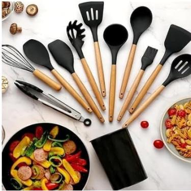 Imagem de Kit 12 Utensílios de Cozinha em Silicone com Cabo de Madeira – Espátula, Colher, Concha e Acessórios Resistentes ao Calor, Antiaderentes e Duráveis