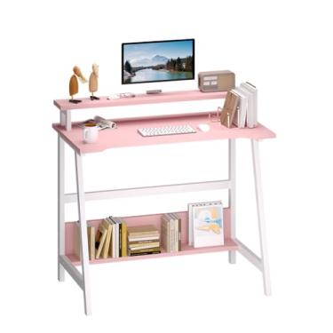 Imagem de ALISENED Mesa de escritório doméstico para computador, mesa de 80 cm para pequenos espaços com prateleira de armazenamento, mesa de computador pequena com monitor e estante, mesa de laptop de estilo