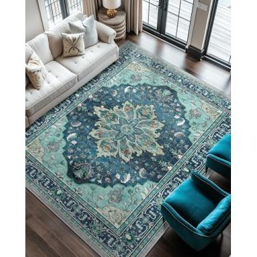 Imagem de RELEANY Tapetes de área 1,8 x 20,3 m, lavável, antiderrapante, estampa floral, vintage, tapete medalhão para sala de estar, quarto, sala de jantar, verde-petróleo, azul lago turquesa