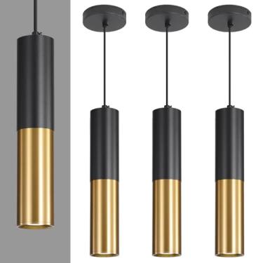 Imagem de Daoseolo Pacote com 3 luzes pendentes de LED modernas pretas e douradas, luz de suspensão linear minimalista, 3 cores 2700K/4500K/6500K, luminária pendente de teto para ilha de cozinha, sala de jantar