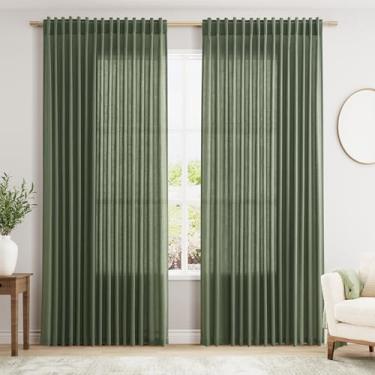 Imagem de Cortinas de linho extra largas de 250 cm para divisória de sala de estar, filtro de luz, semitransparente, cortina de pátio para porta deslizante, verde-oliva, decoração costeira, sala de estar