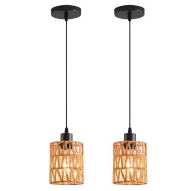 Imagem de Luminárias pendentes de vime, luminária pendente de vime boho com sombra tecida à mão, lustre boêmio, luminária suspensa boho rústica para cozinha ilha quarto sala de jantar (pacote com 2)