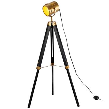 Imagem de Tripé industrial preto lâmpada de chão holofote para sala de estar, casa de fazenda, iluminação alta de latão dourado lâmpada de chão de meados do século com pedal para iluminação de cabeceira de