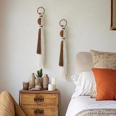 Imagem de 2 peças de macramê para pendurar na parede, boêmio, decoração de casa, arte de fibra com nós de esfera, borlas, fio feito à mão, arte para quarto, sala de estar, escritório, entrada