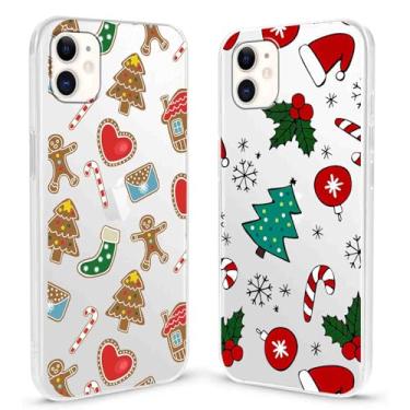 Imagem de RUMDEY Pacote com 2 capas de celular transparentes de Natal para iPhone 12 Mini de 5,4 polegadas, lindos biscoitos de Natal, padrão de bengalas de doces, resistente a amarelo, protetora, macia, à