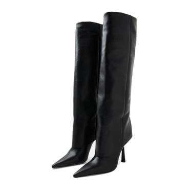 Imagem de Goolita Botas femininas dobráveis, bico fino, salto stiletto, botas de cano alto sem cadarço, de couro, crocodilo, Preto 2, 8