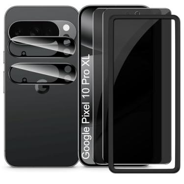 Imagem de Suttkue Protetor de tela de privacidade para Google Pixel 10 Pro XL com protetor de lente de câmera, rigidez 9H antirarranhões vidro temperado, autopoeira, sem bolhas (pacote com 2 + 2)