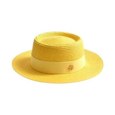 Imagem de Chapéu De Sol De Palha De Verão Feminino Aba Plana Fita Boné De Praia 