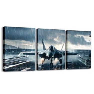 Imagem de Castle Fairy Avião de combate 3 peças de arte de parede em tela, decoração de parede de aeronaves de guerra legal para sala de estar quarto, céu cinza nuvem lona decoração de parede arte de casa 3