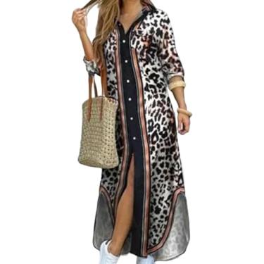 Imagem de Vestidos Maxi Femininos Casuais Com Gola De Lapela Estampada Floral Fenda Lateral Mangas Compridas Soltas Camisa Vestido, C, 5XL