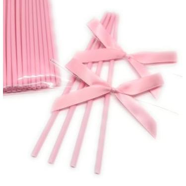 Imagem de 25 palitos de bolo de 15 cm x 3,5 mm + 25 sacos transparentes + 25 laços de fita para palito de bolo ou pirulito (rosa bebê)