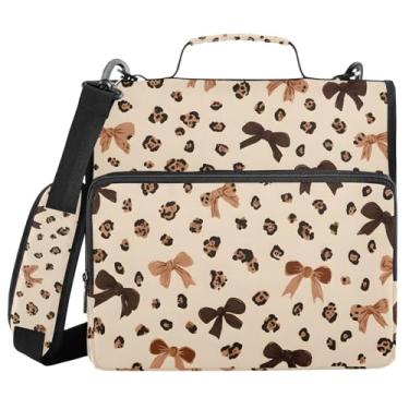 Imagem de Fichário de 3 anéis com zíper com alça de ombro estampa de leopardo padrão de laço de 3,8 cm para fichários de grande capacidade, vários bolsos para material de escritório escolar