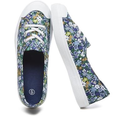 Imagem de Uoidru Tênis feminino sem cadarço, cano baixo, de lona, leve, casual, para caminhada, moderno, para trabalho, Estampa de flor azul, 39