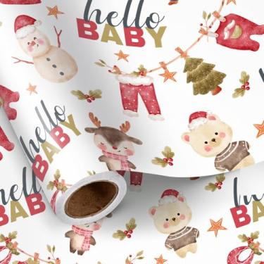 Imagem de LeZakaa Rolo de papel de embrulho de Natal, fofo Papai Noel, boneco de neve, rena, pinguim, presente de Natal para bebê, 1 ano, chá de bebê, 43 cm x 40 cm, mini rolo