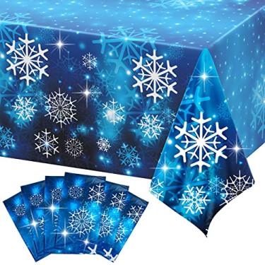 Imagem de Mixweer Toalhas de mesa de floco de neve de Natal toalhas de mesa de férias de inverno de plástico toalha de mesa descartável para decoração de festa de Natal (azul, 6 peças)