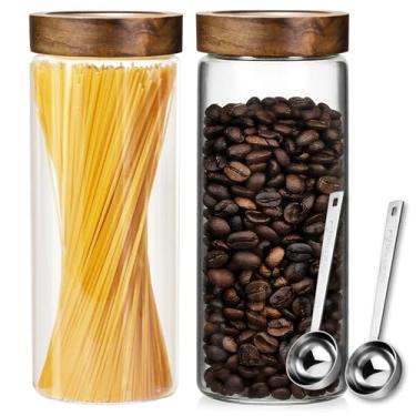 Imagem de JanYoo Frascos de vidro grandes com tampa hermética e colher, conjunto de 2 recipientes de armazenamento de 1750 ml, potes de comida de cozinha para macarrão, farinha, açúcar, espaguete de aveia