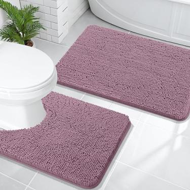 Imagem de OLANLY Conjunto de tapetes de banheiro de 2 peças, tapetes de banho de chenille macio absorvente e contorno em forma de U, tapete de banheiro lavável na máquina, acessórios de decoração de casa (76 x