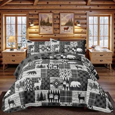 Imagem de Conjunto de colcha de 3 peças tamanho king size fazenda rústica reversível microfibra macia leve edredom com 2 fronhas patchwork country chalé conjunto de colcha para todas as estações, 266 x 246 cm