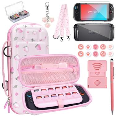 Imagem de Switch 2 Case Carrying Case- FIWWAT 18 in 1 for Nintendo Switch 2 Accessories Bundle with Switch Thumb Grips, Clear Protective Cover, Screen Protector Cover, Cute Pendant, Stand, Stylus,for Girls,Pink