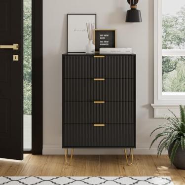 Imagem de Masupu Cômoda de 4 gavetas, baú de gaveta, cômoda de armazenamento alta com pernas de metal, cômoda pequena para quarto, sala de estar, armário, corredor listrado preto