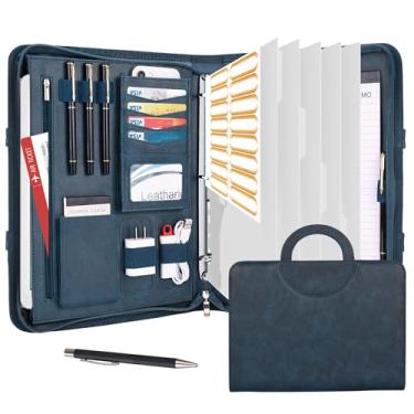 Imagem de Leathario Portfólio, pasta A4 de couro vegano com alça, fichário com zíper de 3 anéis, inclui 5 divisórias de fichário de 5 toques, pasta de negócios com vários bolsos para tablets, arquivos e blocos