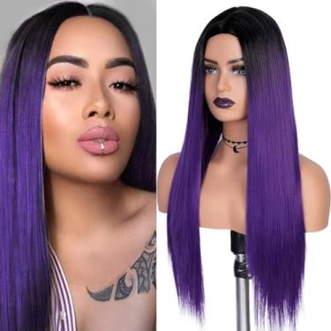 Imagem de ITTAYLER Peruca longa reta preta roxa para mulheres peruca roxa ombré com raízes escuras 66 cm parte do meio peruca colorida peruca sintética tom de reboque peruca para festa diária de cosplay