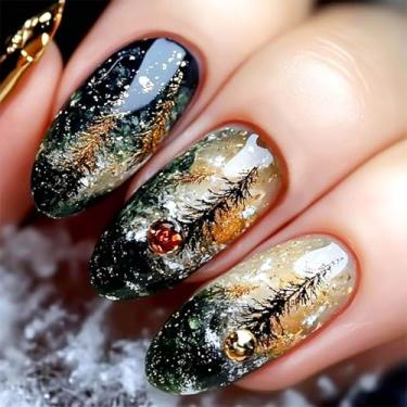 Imagem de RUOKEXIN Unhas postiças médias de amêndoa, unhas postiças douradas com glitter, unhas postiças com desenhos de amêndoa, cobertura total, cola nas unhas, unhas artificiais brilhantes e fofas para