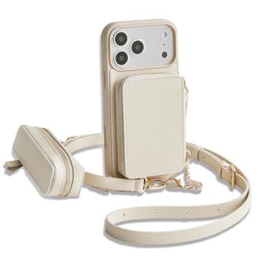 Imagem de ZVE Capa carteira para iPhone Pro Max com bolsa de batom para MagSafe, capa transversal para celular com alça ajustável de 16 cm, branca