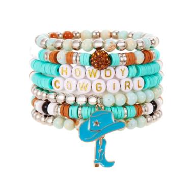 Imagem de Caiyao Conjunto de 7 peças de pulseiras empilháveis de caubói ocidental HOWDY retrô chapéu country botas de argila com contas elásticas para mulheres e homens country tema concerto festa joias